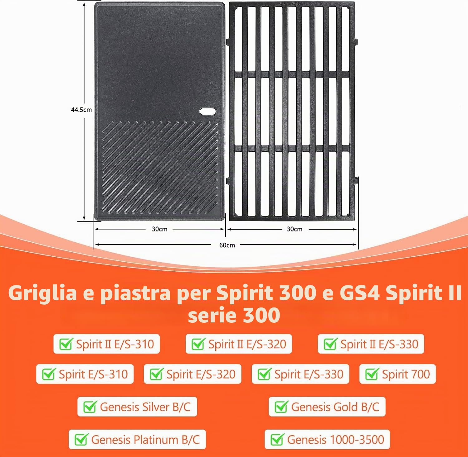 GFTIME 7638 - Griglia e piastra per barbecue Weber Spirit I II E310 E320 E330 S310 S320 S310 S320 S330 in ghisa, ricambio per Weber Spirit 300 Series, 2 pezzi