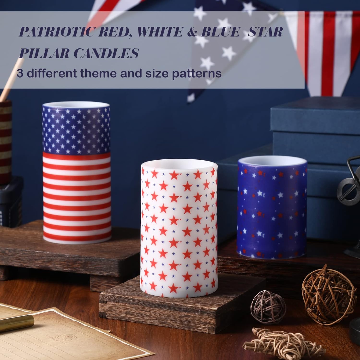 Retisee 3 Pcs Patriotic American Flag Flameless Candles 4th of July Battery Operated Candles Independence Day 250th Anniversary LED Pillar Candle for American Memorial Day Decor with Remote Control