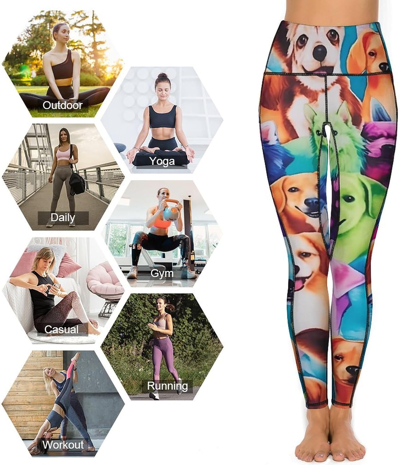 Colorful Dogs Watercolor Printed Yoga Pants for Women High Waist Workout Pants Tummy Control Yoga Leggings