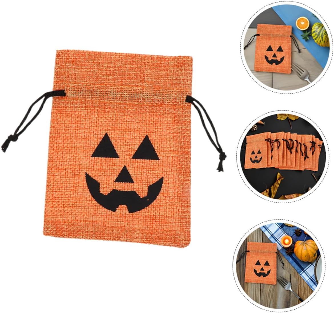 PERSELOSO 50pcs Halloween Small Burlap Treat Bags with Drawstring Pumpkin Design Orange Linen Candy Pouches for Party Favors Adults Wrapping Supplies