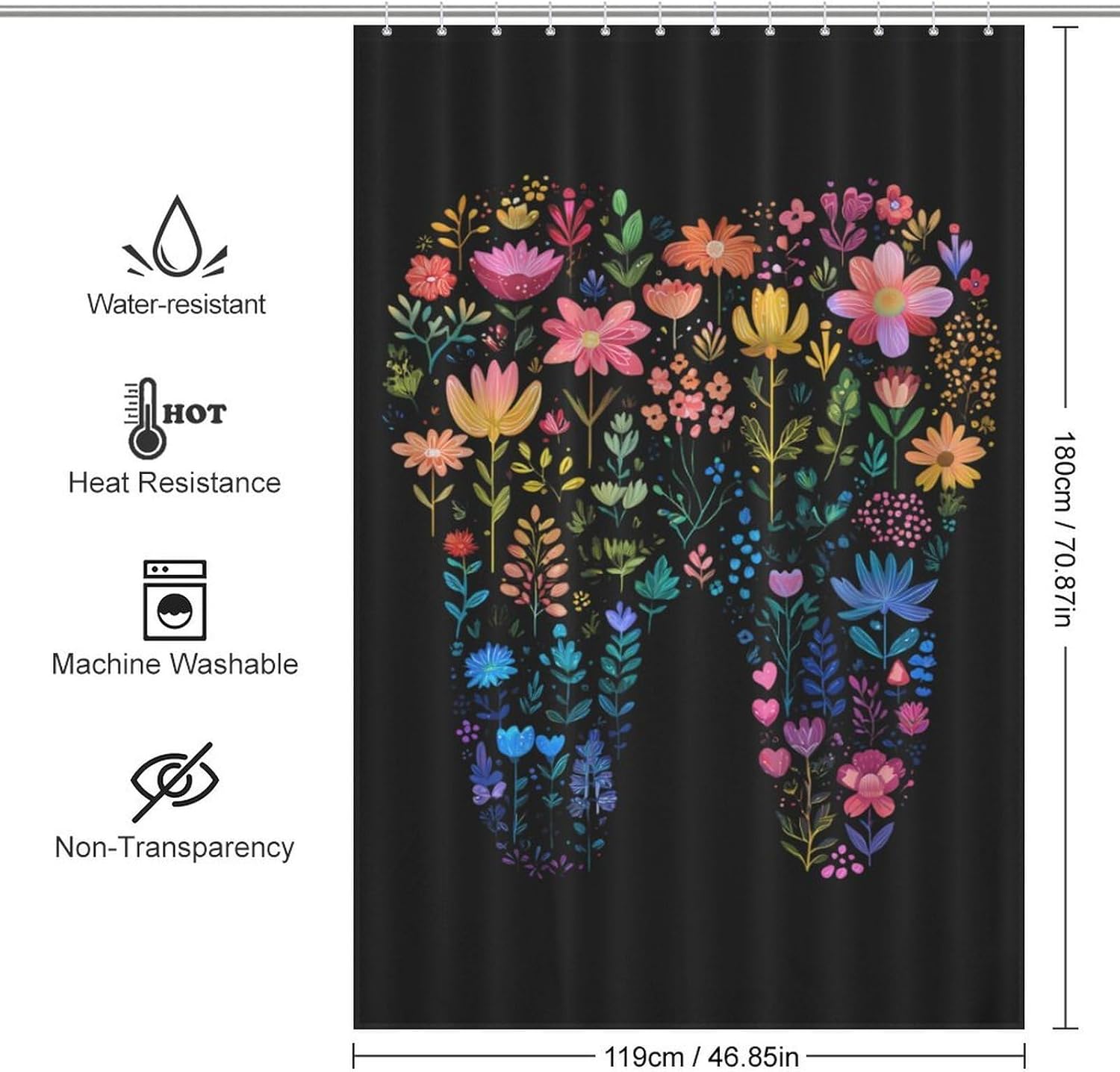 Tooth Floral Colorful Dental Dentist Shower Curtain 46.85x70.87Inch（119x180cm） Polyester Bath Curtain Shower Curtains Printed Decorative