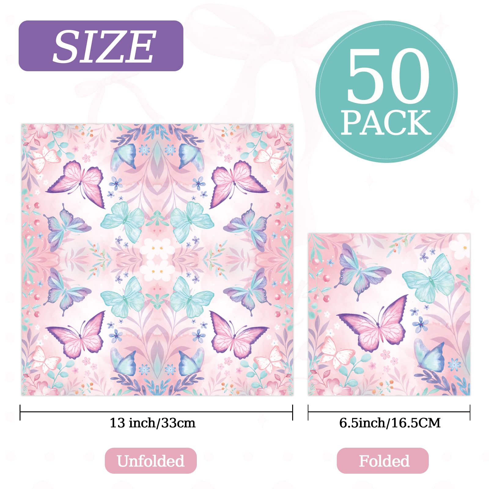 50 Pcs Butterfly Napkins 13 x 13 Inches, Butterfly Birthday Paper Napkins Butterfly Theme Supplies Disposable Cocktail Napkinsfor Kids Girl Birthday Party Decorations (Butterfly)