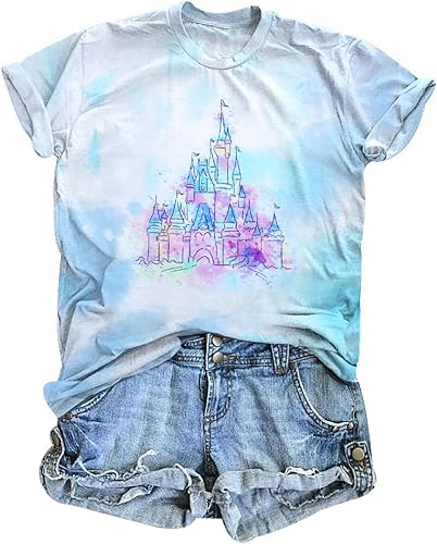 FRYAID Camiseta mágica para mujer, diseño de castillo del reino y teñido anudado, camisetas de manga corta para vacaciones familiares