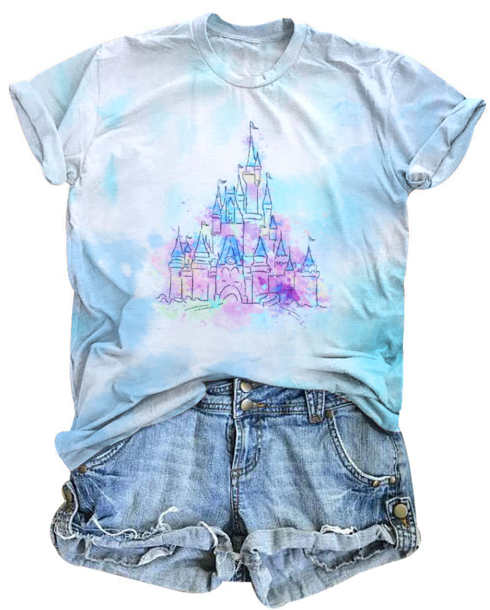 FRYAID Magical Shirt Women Believe in The Magic Tshirt Kingdom Castle Tie Dye Tee Family Holiday Vacation Short Sleeve Tops