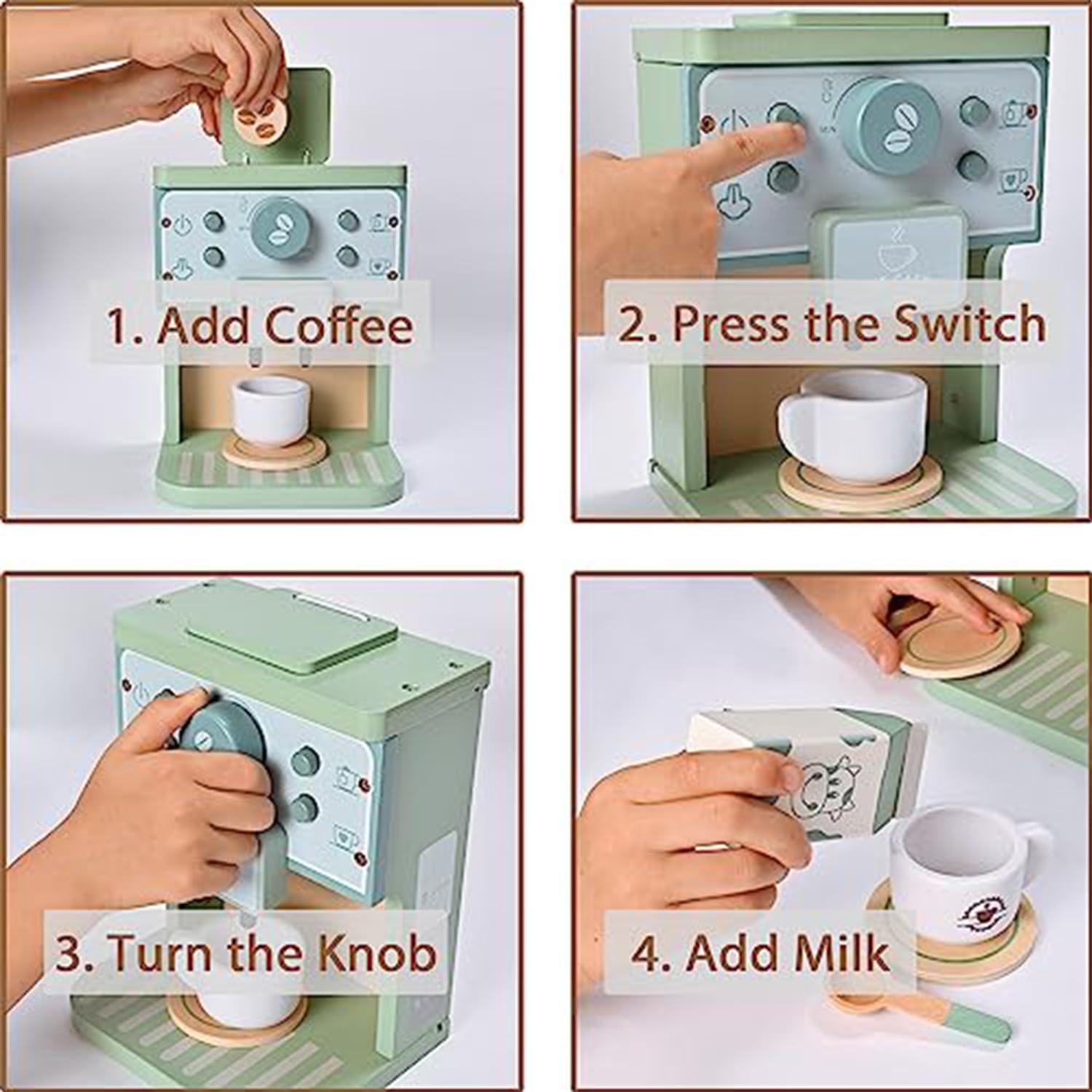 Donmills Green Coffee Maker Toddler fingere di giocare accessori da cucina | Giocattoli in legno per bambini Macchina per caffè espresso Playset Montessori Cucina Giocattolo Regalo per Ragazze e Ragazzi