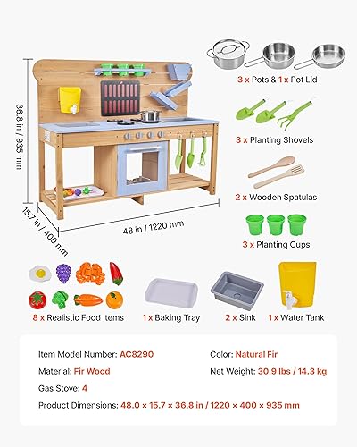 Miniatura 7 de VEVOR Cocina de barro, cocina de barro al aire libre para niños, cocinas de madera al aire libre con estufas, ganchos, fregaderos dobles, palas de