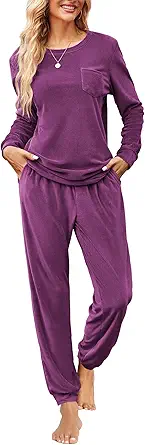 Ekouaer Womens Pajamas Sets Long Sleeve Soft Sleepwear 2 Piece Velvet Pjs Lounge Sets with Pockets