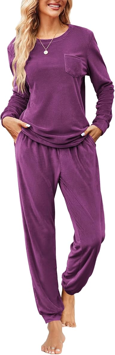Ekouaer Womens Pajamas Sets Long Sleeve Soft Sleepwear 2 Piece Velvet Pjs Lounge Sets with Pockets