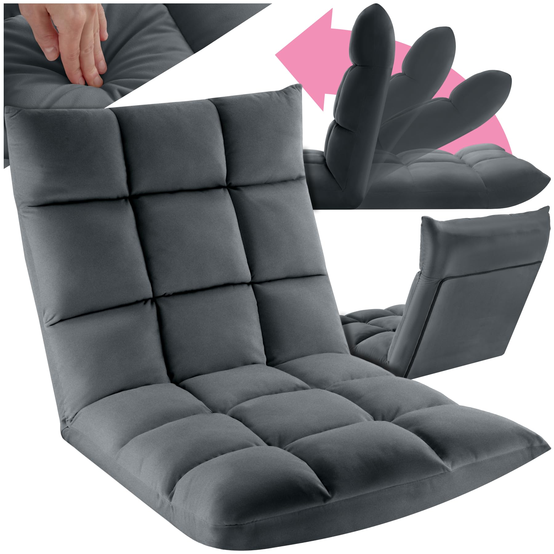 TecTake® Sillon Plegable Lectura, Silla de Suelo Ajustable para Tatami, Terciopelo, Respaldo Flexible en 14 Posiciones, Sofa Suelo de Estructura de Acero, Silla Yoga, cómodo cojin de Suelo - Gris