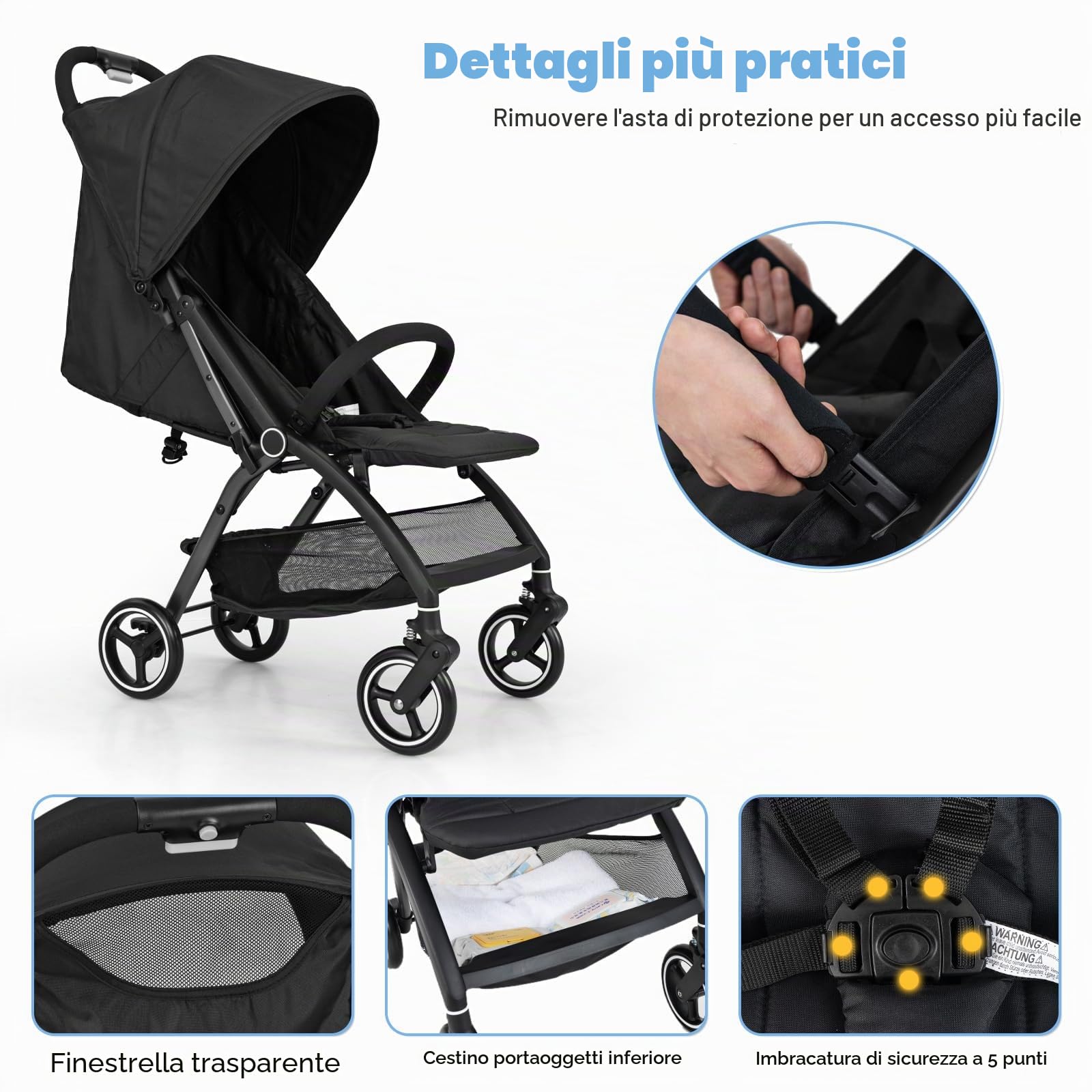 LIFEZEAL Passeggino Ultraleggero per Bambini 0-36 Mesi, Passeggino Compatto da Viaggio a Ombrello, per Aereo, Pieghevole, Regolabile, con Cintura di Sicurezza, Ruote, Freno, Parasole, Cesto (nero)