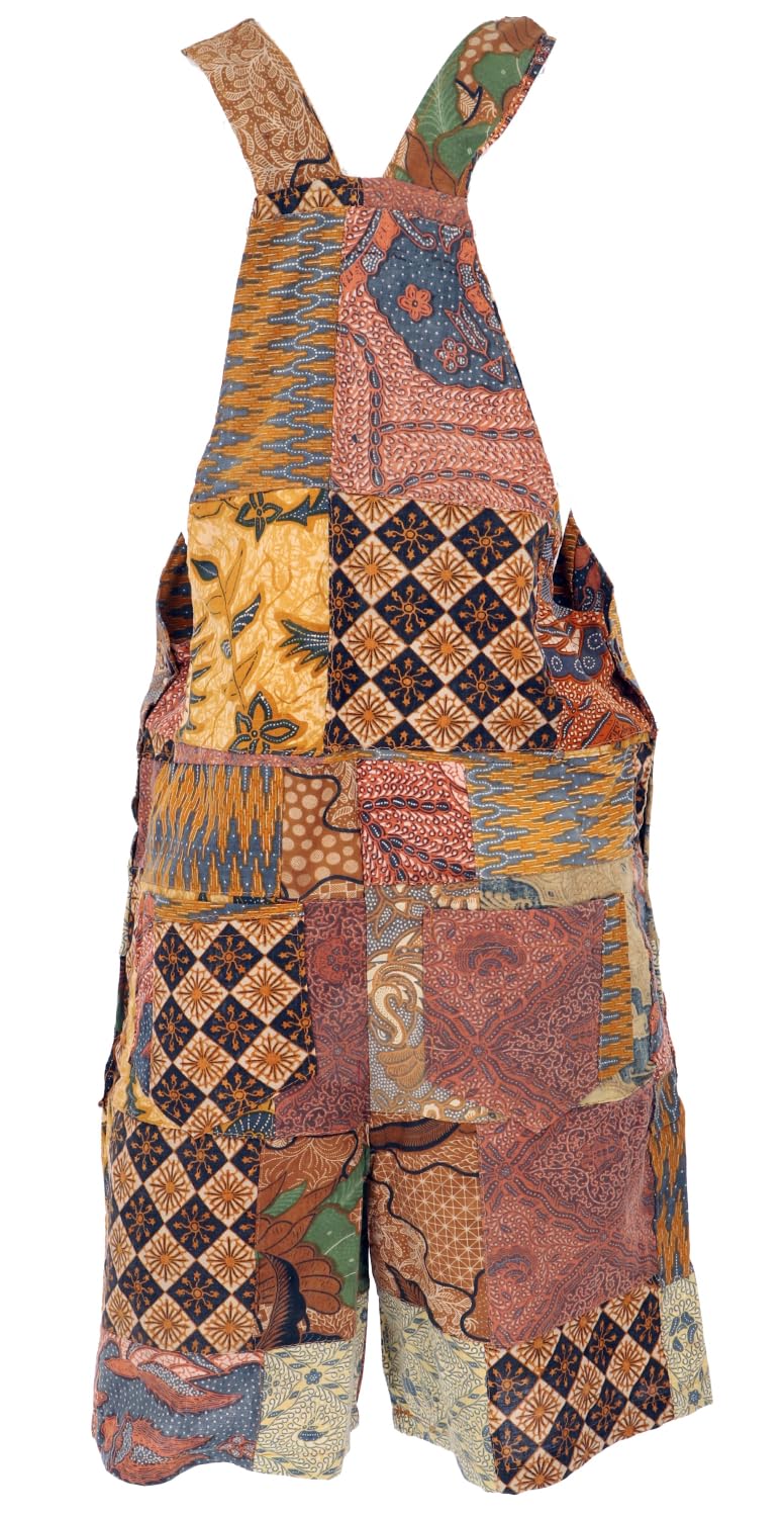 GURU SHOP Goa Shorts, Kurze Patchwork Latzhose, Upcycling Boho Latzhose, Damen