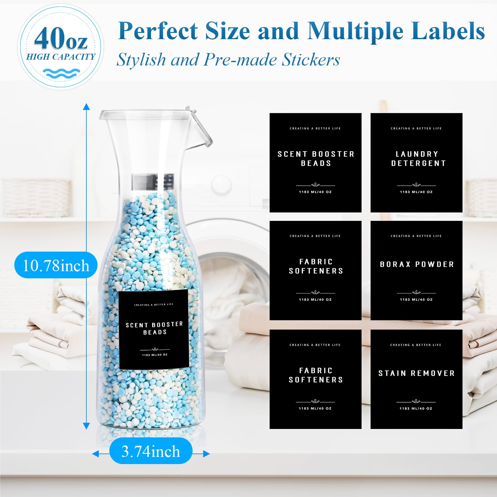 Botella dispensadora de detergente para ropa de 40 onzas con etiqueta impermeable para detergente de lavandería, jabón suavizante de tela, cuentas de refuerzo de aroma de blanqueador, botella