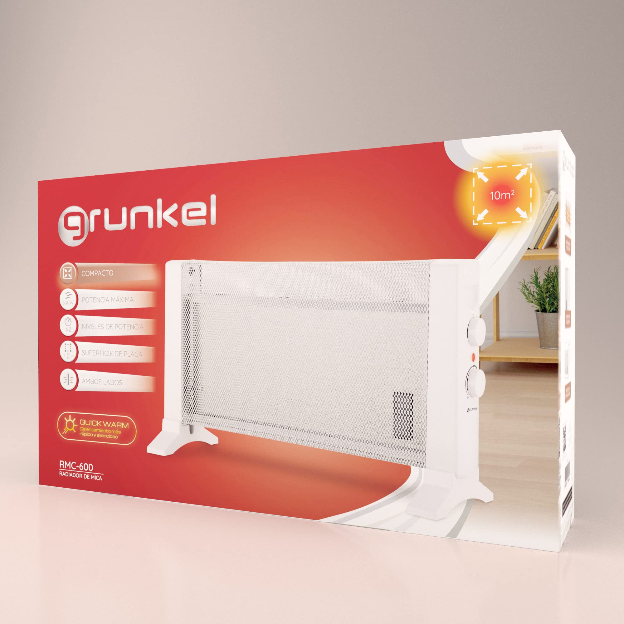 Grunkel - Radiador de Mica de varios elementos de calor 2 niveles de potencia RMC-600-600W - y termostato regulable. Rápido calentamiento aumenta la temperatura de inmediato - Blanco (600W)