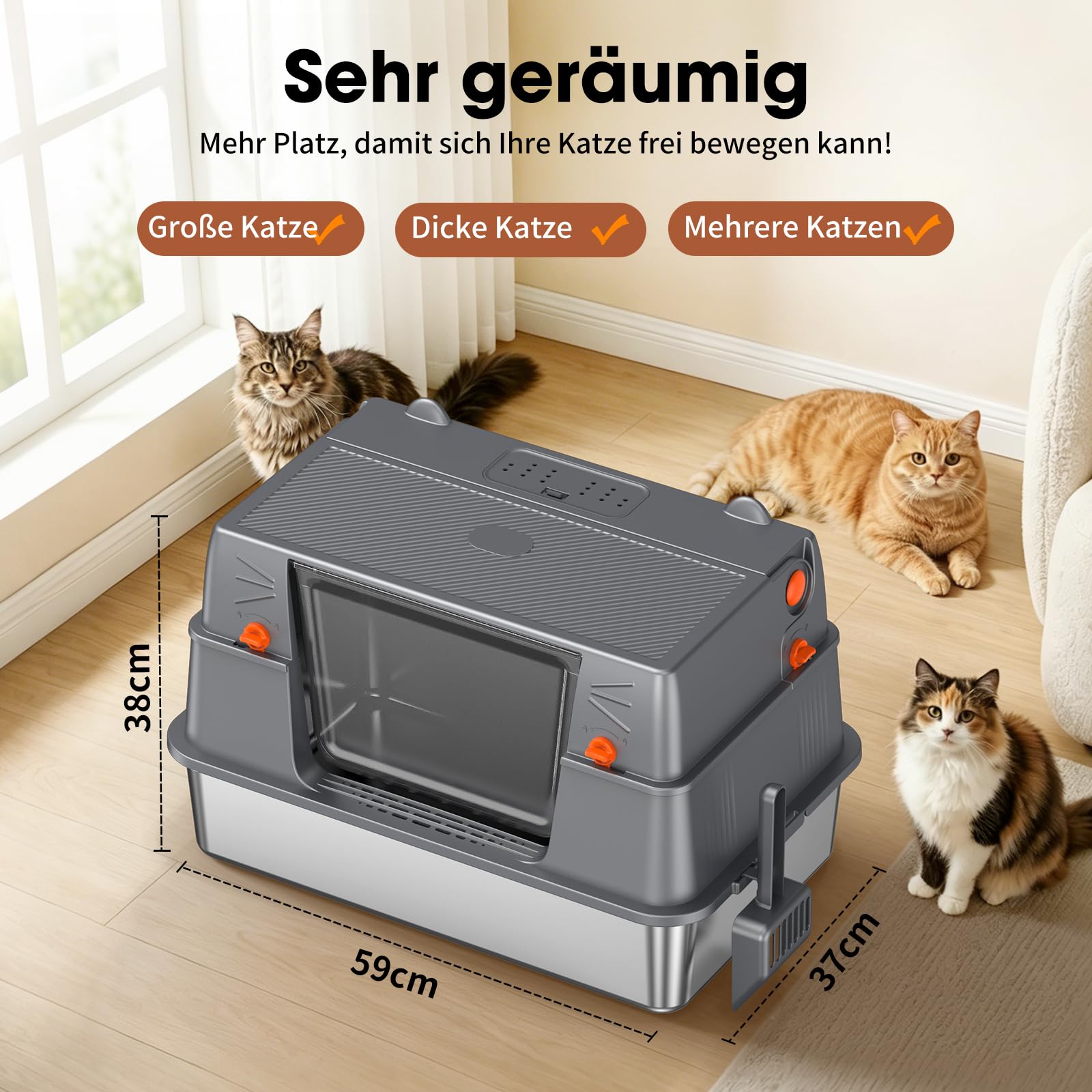 Edelstahl Katzentoilette Geschlossen 100° Klappdeckel,Dunkelgrau | Metallwanne, Vollständige Öffnung, Leichte Reinigung, 55L Volumen, Stabil Für Große Katzen