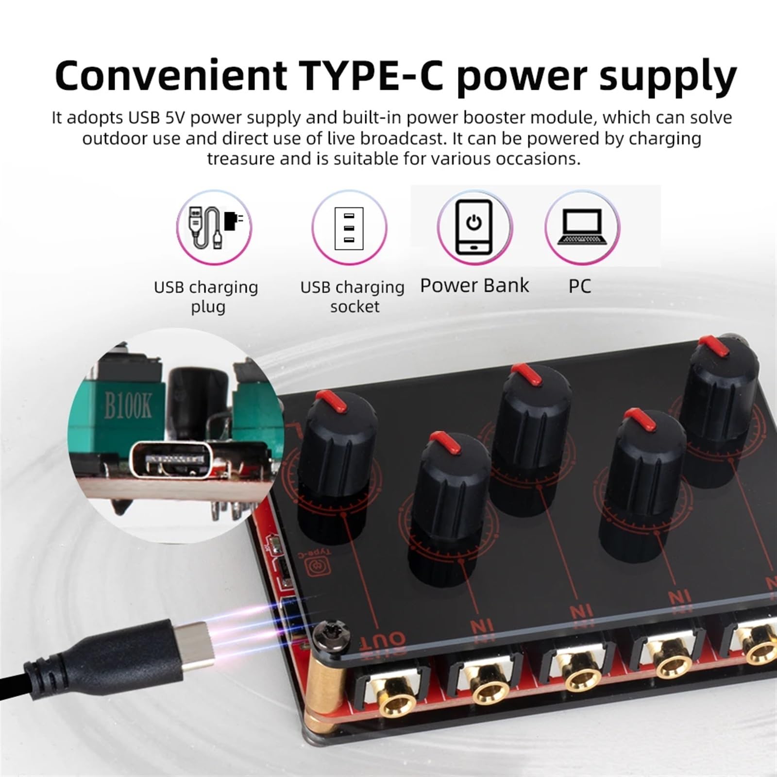 Controlador de DJ, Mezclador de línea 4 canales Analógico sonido Portable Consola Mezclamiento mayor calidad estéreo USB 5V Potencia