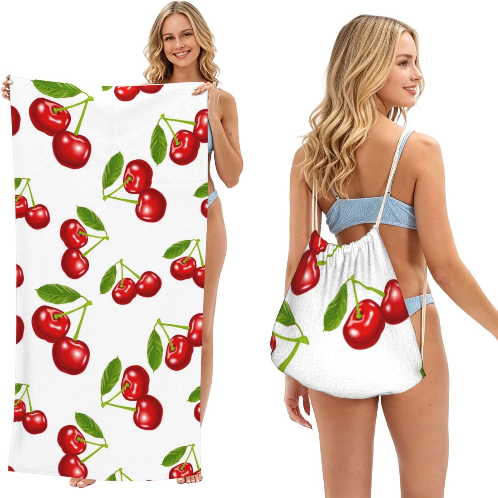 Poadnly As Picture Cherry Pattern, 2 In 1 Packable Towel Bag, Beach Towels With Drawstring Backpack For Travel Holiday Camping