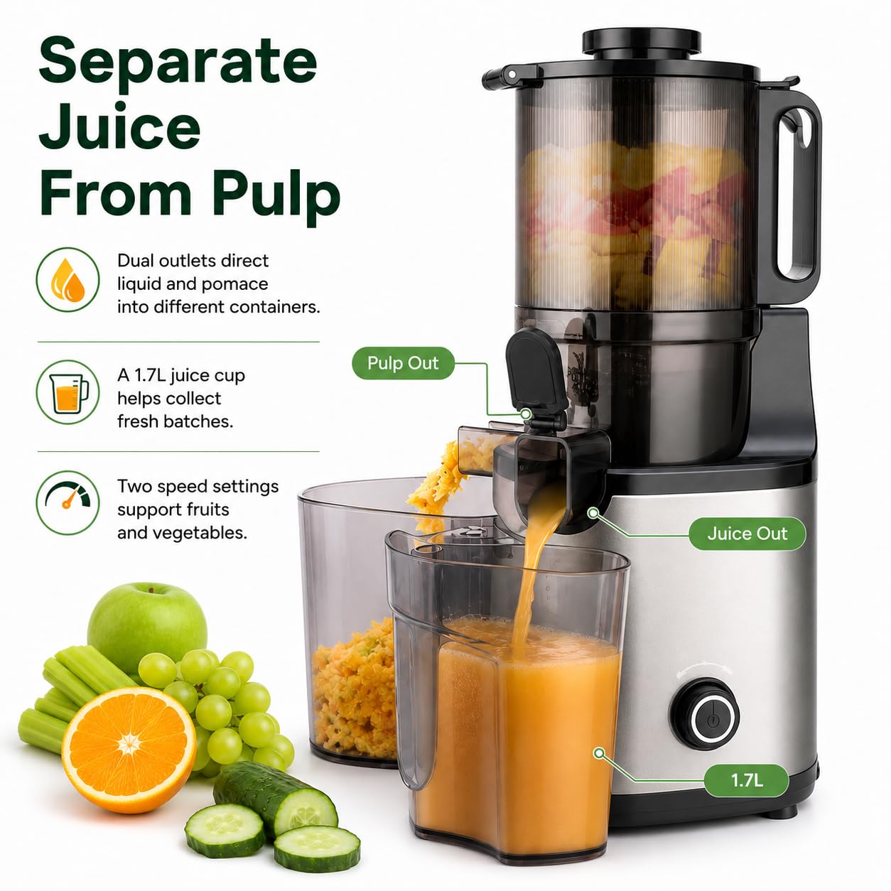 Presse-agrumes, port d'alimentation de 5,5 pouces, tasse de 1,7 L, 250 W
