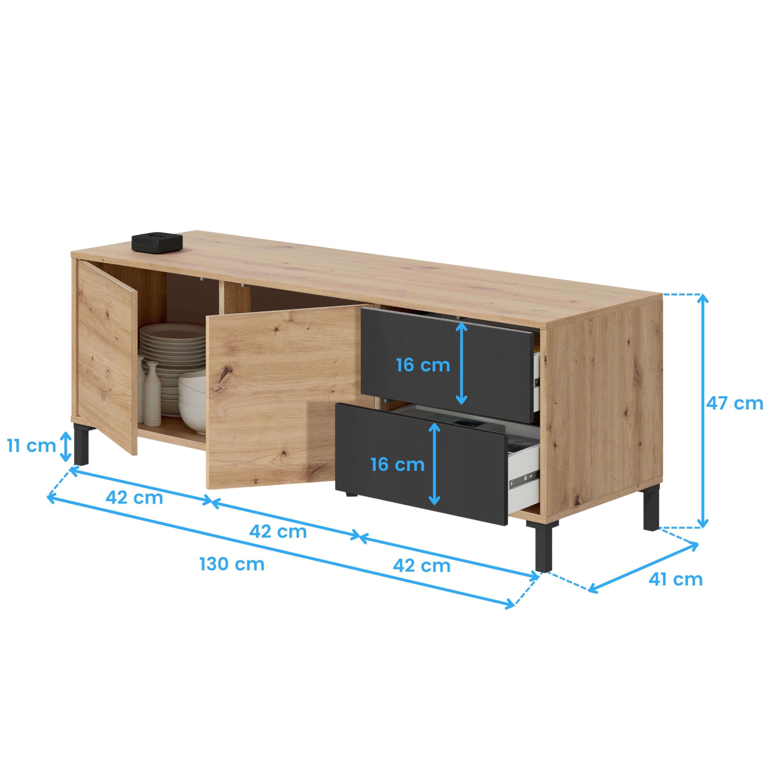 Habitdesign, moderner TV-Schrank mit 2 Türen und 2 Schubladen in Eiche Nodi und Anthrazit, Wohnzimmermöbel mit Stauraum, Maße: 130 x 47 x 41 cm (B x H x T), Modell Brooklyn