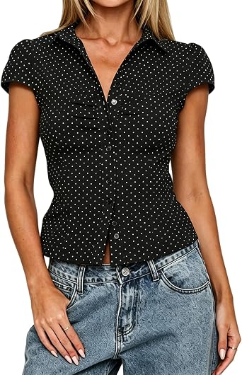 Cute Button Up Shirt for Women Y2K Short Sleeve Collared Neck Cropped Fitted Button Down Shirts Blouses Coquette Tops
