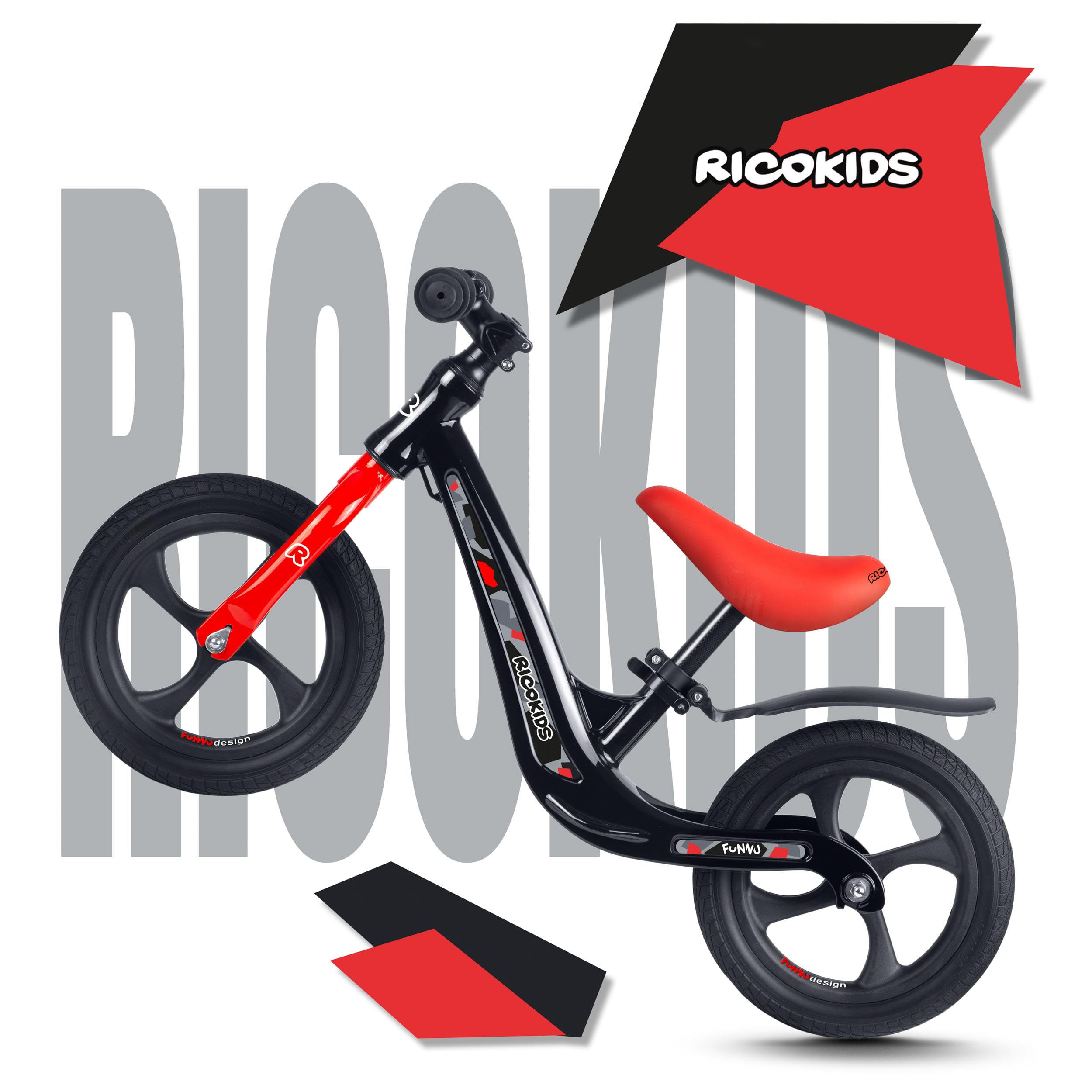 Ricokids Draisienne pour Enfant - Selle réglable en Hauteur - Roues en polyuréthane Anti-crevaison 12" - Noir