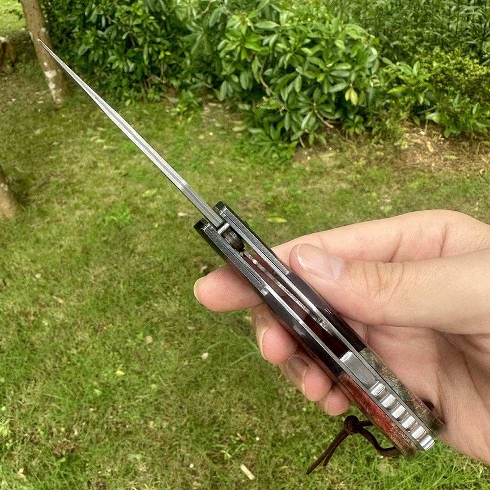 Outdoor Messer Survival Tragbar Taschenmesser Flach Aus stahl Damaskus,stabilisierte holz,Damast Klappmesser,Camping Jagdmesser taktische messer, EDC Damaszener Messer,klein tanto messer mit lederseil