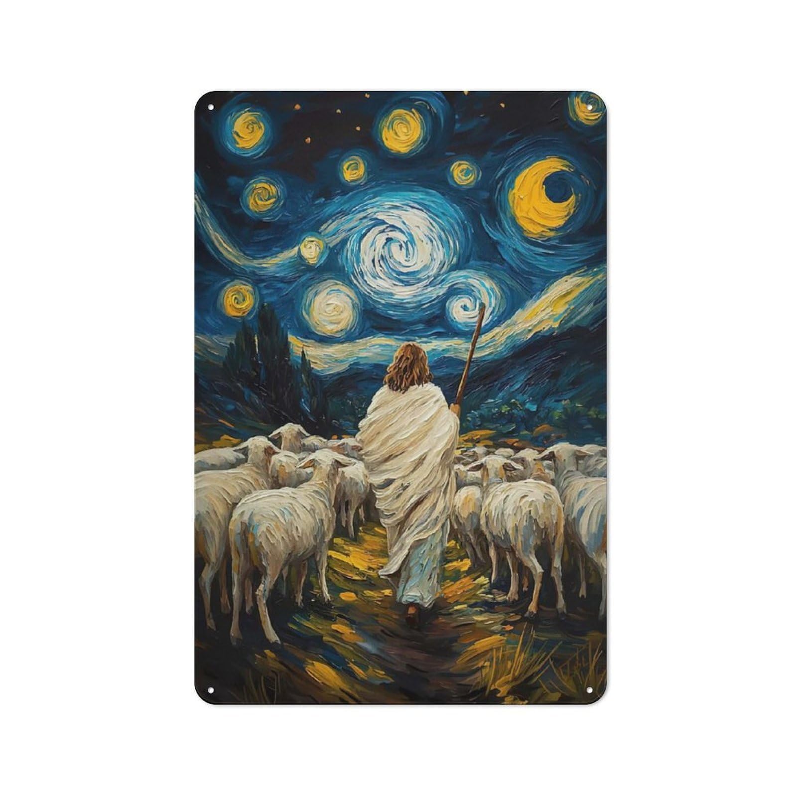Junmoney Shepherd Sheep Starry Night Tin Wall Plaque With Design 30X20cm, Country Vintage Cottage Wall Art For Kitchen, Cottage, Porch Or Garden Room