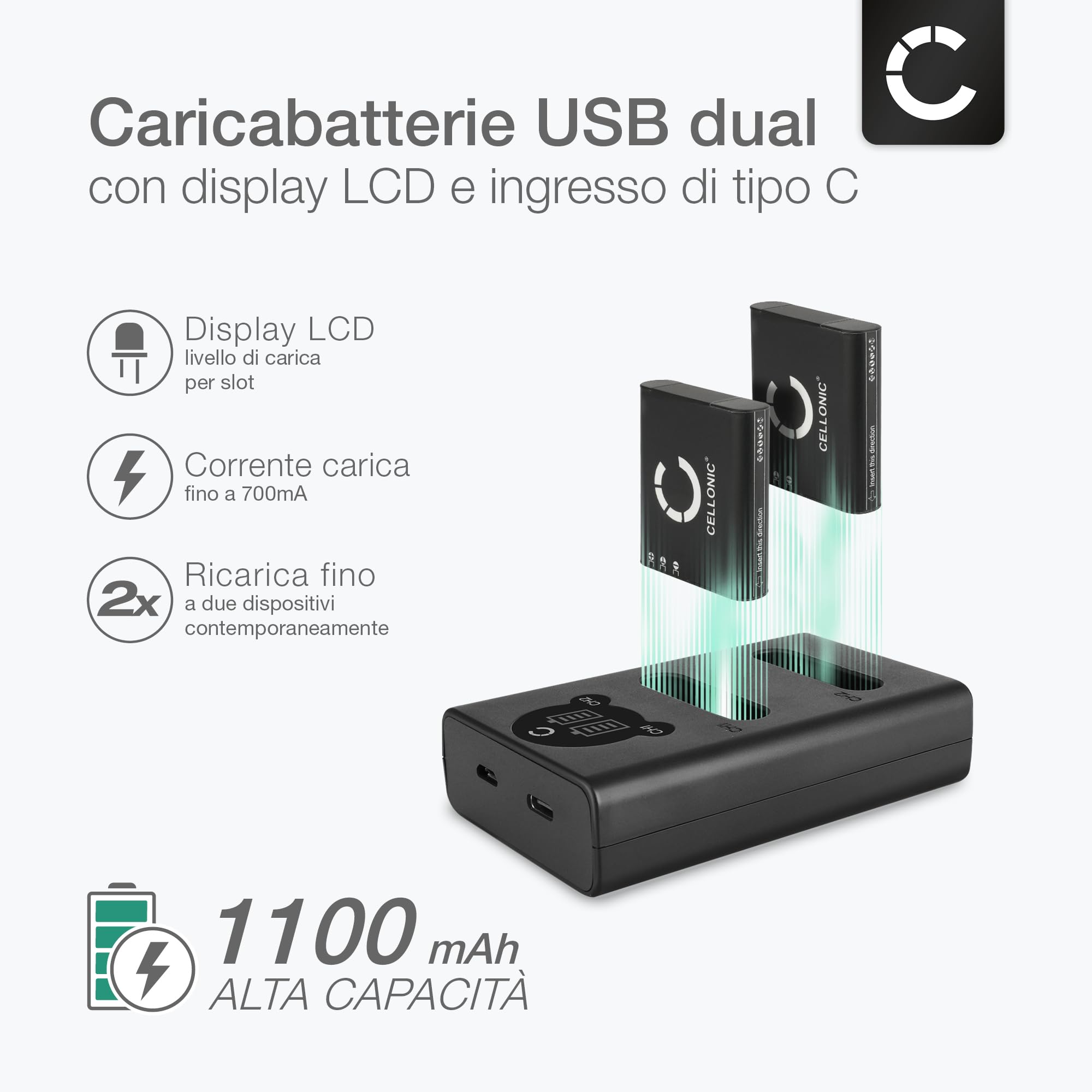CELLONIC 2x Batteria per Fotocamera Compatibile con Olympus OM System TG-7, Stylus SH-60, Tough TG-Tracker, Li-90B – (1100mAh, 3.6V) + Caricabatterie Doppio