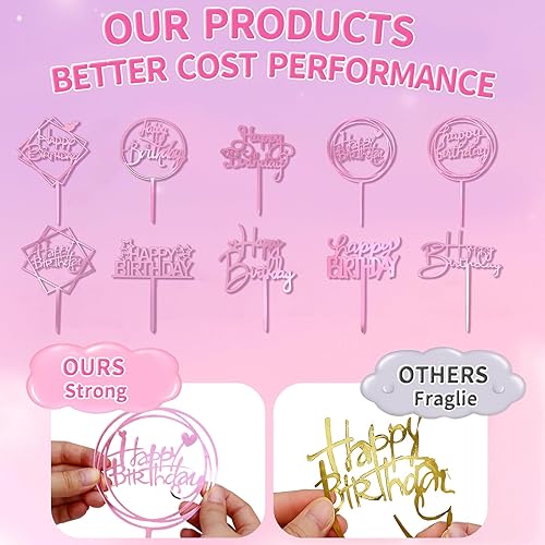 Miniatura 10 de Paquete de 10 adornos para tartas de feliz cumpleaños, adornos dorados de acrílico para tartas de cumpleaños, 4 x 6 pulgadas (dorado)