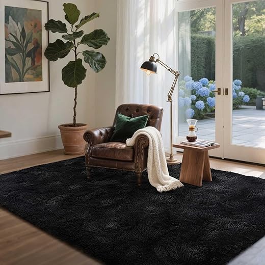 Lascpt Area Rugs for Living Room, Super Soft Fluffy Fuzzy Rug for Bedroom, Black Furry Shag Rug 4x5.9, Plush Carpet Home Decor for Girls Kids Dorm Room, Accent Indoor Non-Slip Cute Baby Nursery Rug