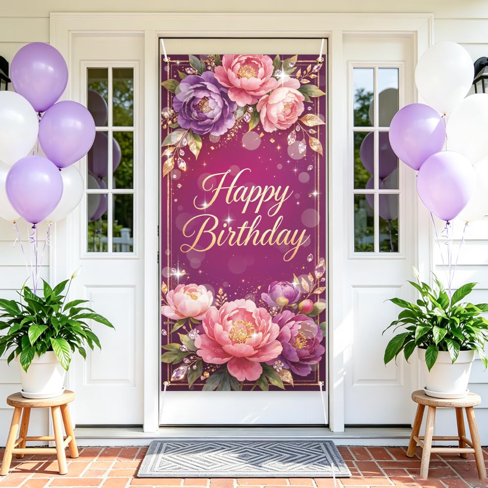 arricraft 1pc Polyester Door Decorative Cover, Happy Birthday Patterns Backdrop Banner Front Door Porch Sign Photography Background for Home Party Porch Decor 72.8x35.4 Inches