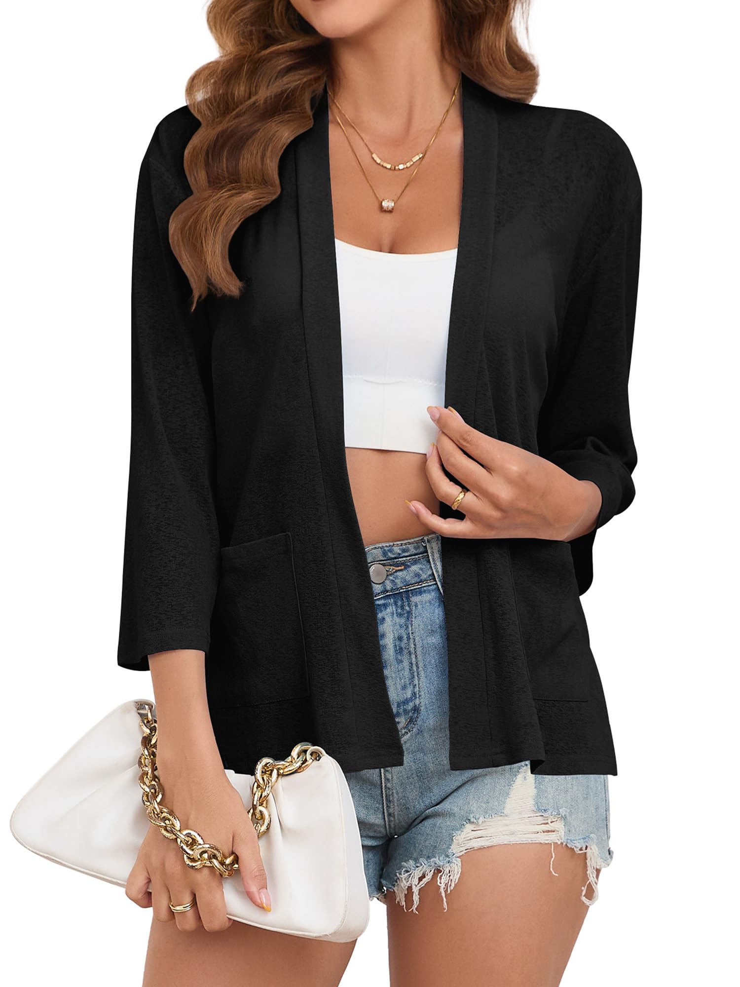 Poplab Womens Summer Loose Fit Lightweight Cardigan 3/4 Sleeve Open Front Sheer Cover Ups Hight Low Hem with Pockets