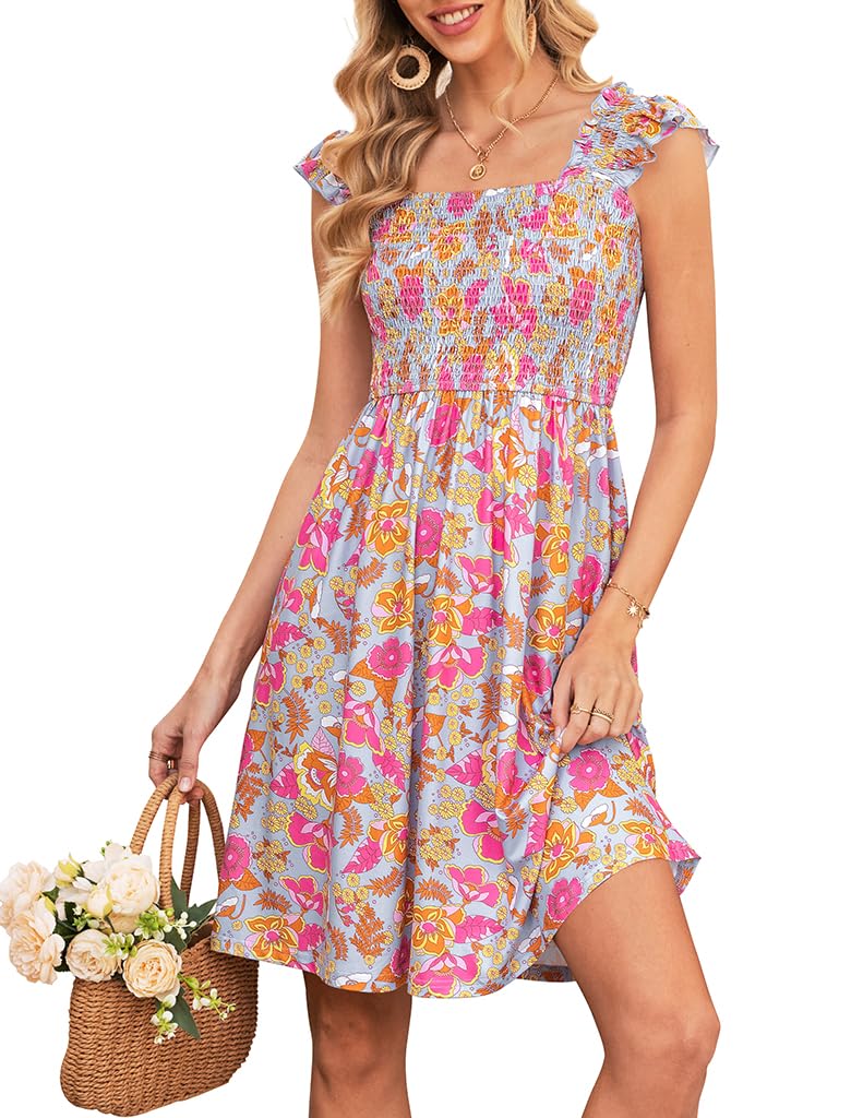 Naggoo Womens Summer Sundresses Sleeveless Square Neck Dress Ruffled Floral Smocked Dress A-line Boho Beach Dresses