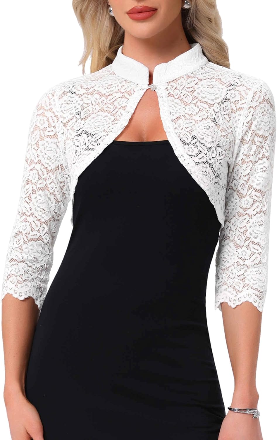 Allegra K Elegant Lace Bolero Shrug for Women 3/4 Sleeve Stand Collar Sheer Floral Lace Cardigan Top