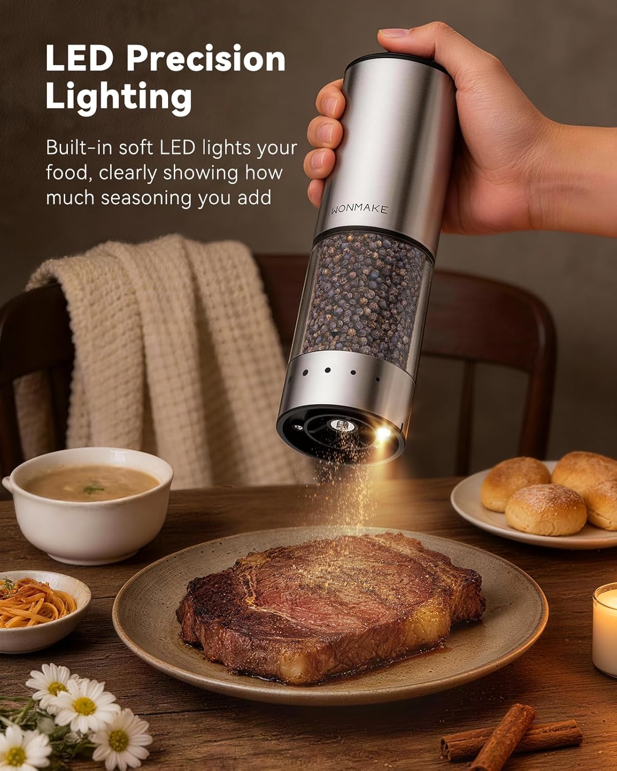 Electric Salt and Pepper Grinder Set, Type-C Rechargeable with LED Battery Level Display, Stainless Steel Salt and Pepper Shakers with Storage Base, Top Button Design, 5 Adjustable Coarseness Levels