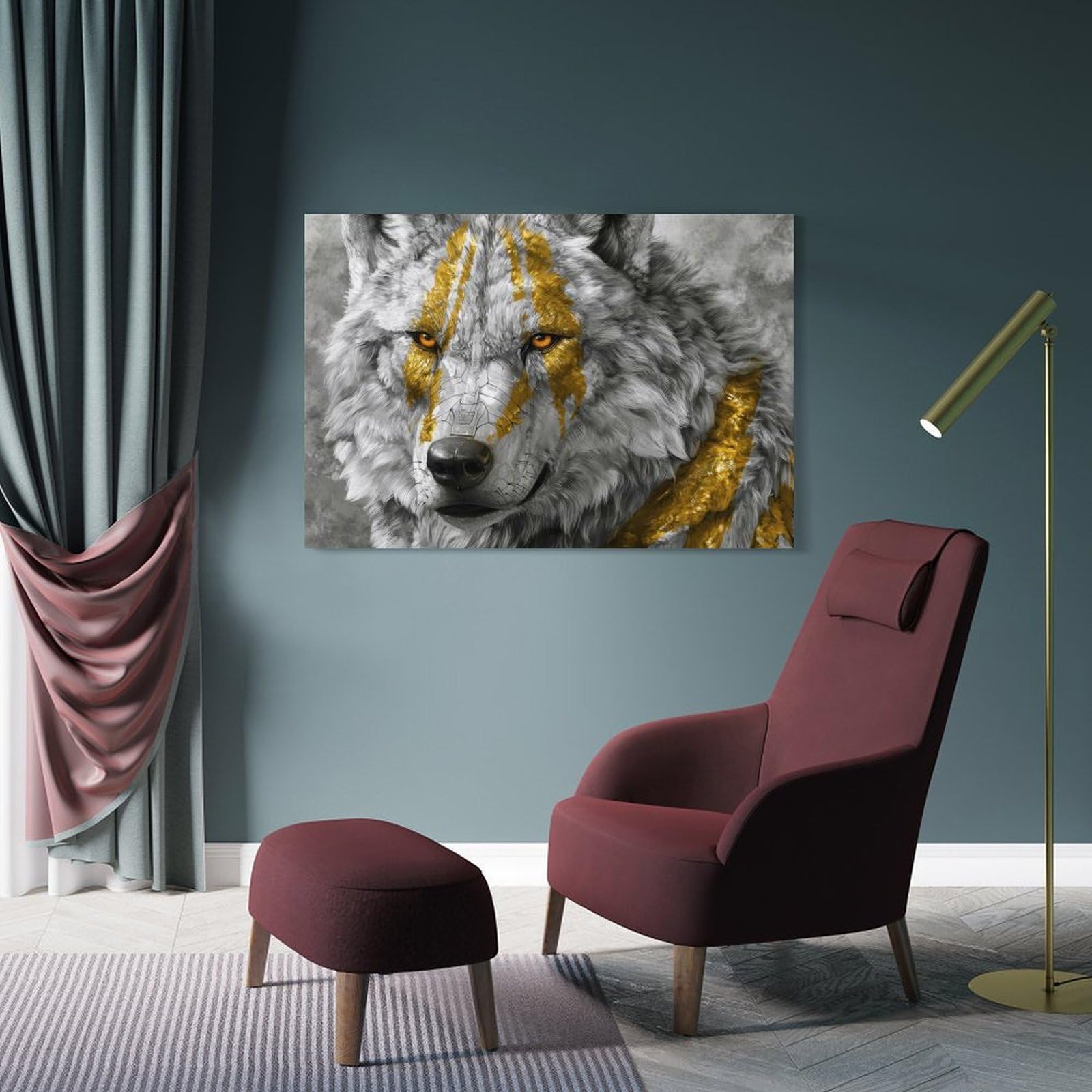 Junmoney Frame-Style-19 Wolf With Golden Markings Digital Art Room Decor Wall Art, 24X36inch(60X90cm), For Bedroom, Guest Room Or Reading Nook, Home Artwork With A Soft Interior Feel