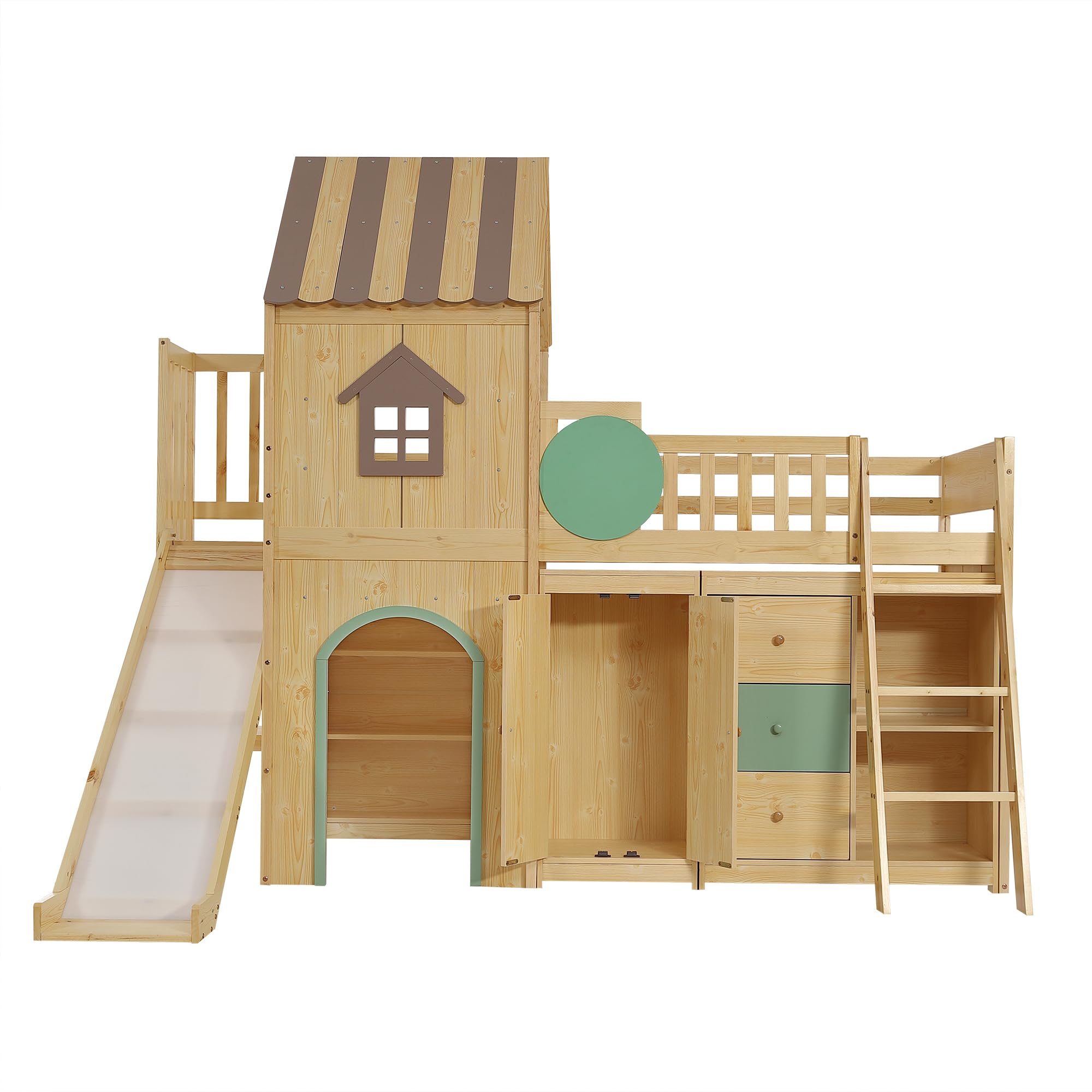 Merax Hochbett 90x200 cm Etagenbett mit Treppe und Rutsche, Hausdesign Bettgestell aus Kiefer und MDF, mit Schrank, Schubladen und Ablagefächern, Natur Grün