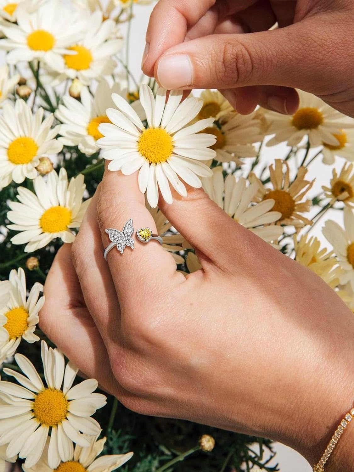 SILVERCUTE Butterfly Rings for Women - 925 Sterling Silver Birthstone Ring Women Jan-Dec Adjustable Ring with Cubic Zirconia Cute Butterfly Jewelry