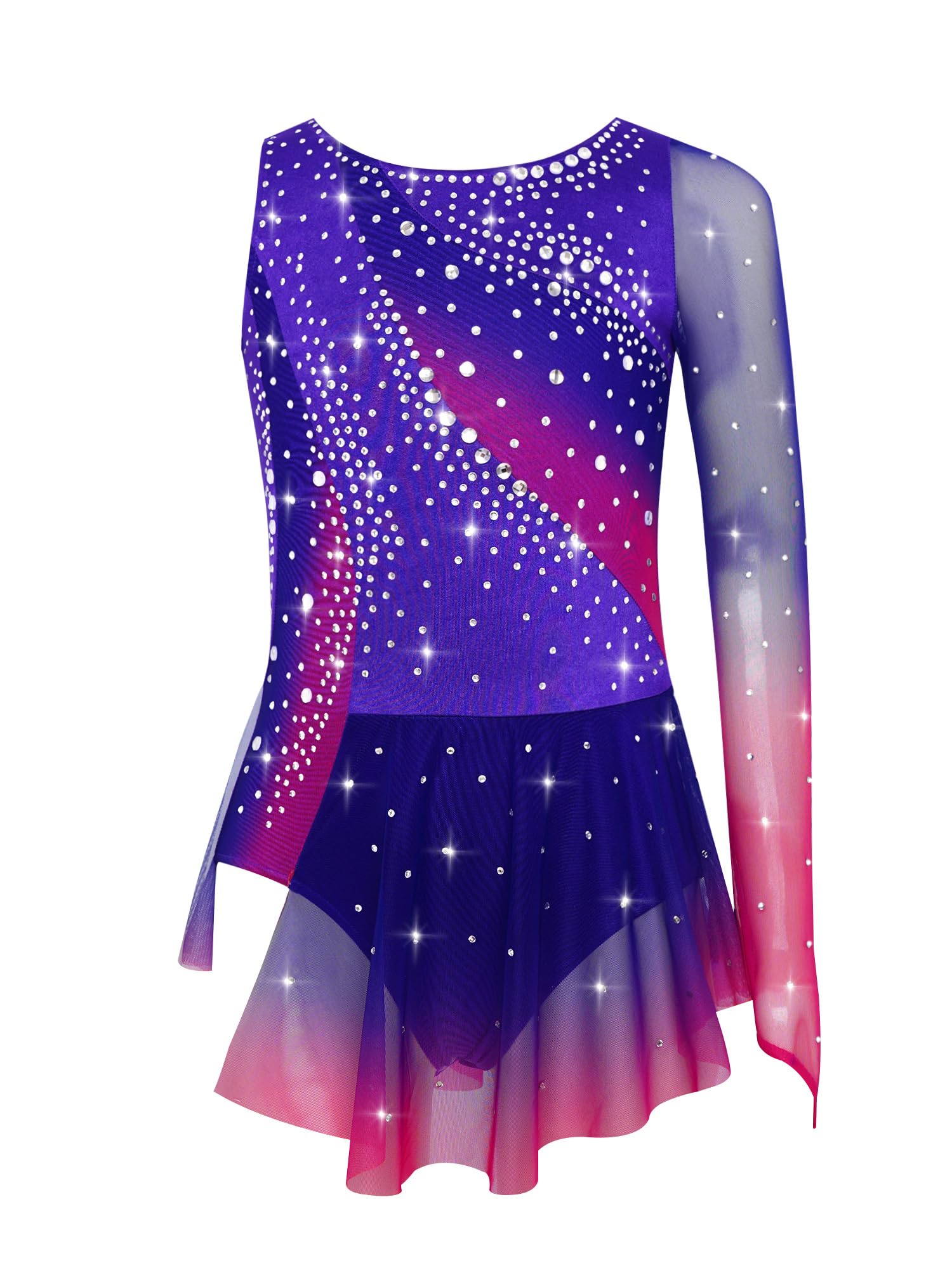 Robe Patinage Artistique Asymétrique Une Epaule Strass Justaucorps Gymnastique Danse Enfant 5-16 Ans