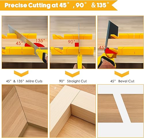 Miniatura 5 de Juego de 4 cajas ingletadoras y sierras, 3.95 x 12 pulgadas, caja de inglete extra ancha con 3 sierras ingletadoras para tareas pesadas, caja de