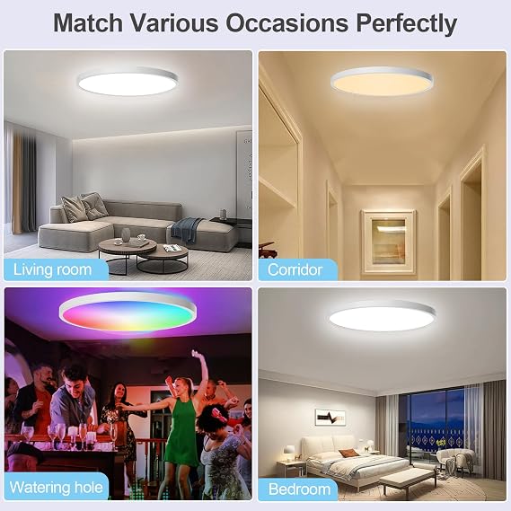 Ceiling Light LED Dimmable Flush Mount Flat RGB Smart Alexa Google Home WiFi with Remote Control for Living Room Bedroom Dinning Kitchen Hallway Bathroom 12Inch 24W White [Energy Class A]