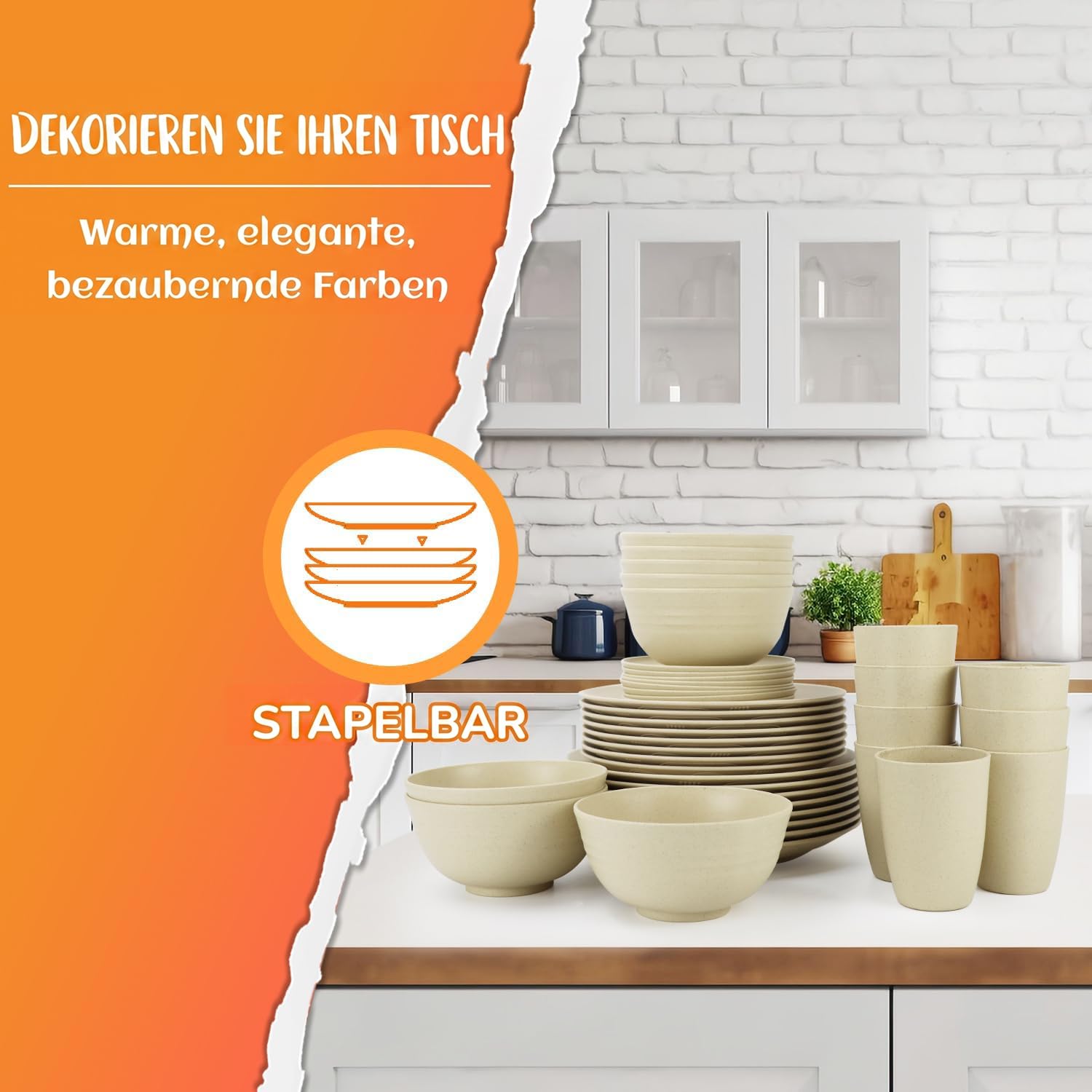 Wrova Set di stoviglie da 40 pezzi, piatti e ciotole, infrangibili, per 8 persone, lavabili in lavastoviglie e adatte al microonde, stoviglie per picnic, compleanni, campeggio, beige