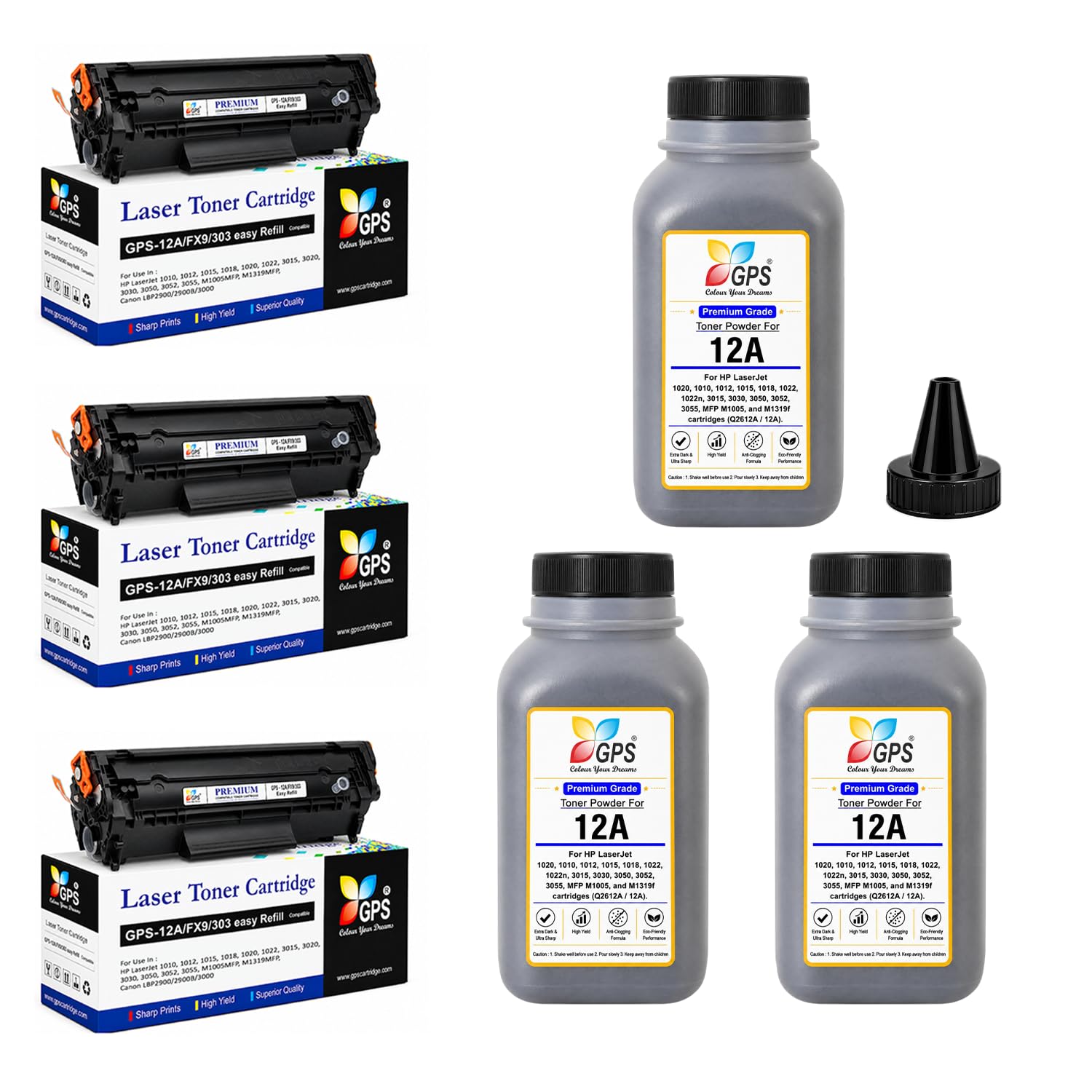 GPS 12A Easy Refill Toner Cartridge Pack of 3 with 3 Powder Bottles (100g x 3) Combo Compatible for HP LaserJet 1020 Plus, M1005, 1018 & Canon LBP 2900, 3000 | Black | Yield: 12,000 Pages Total-image-30