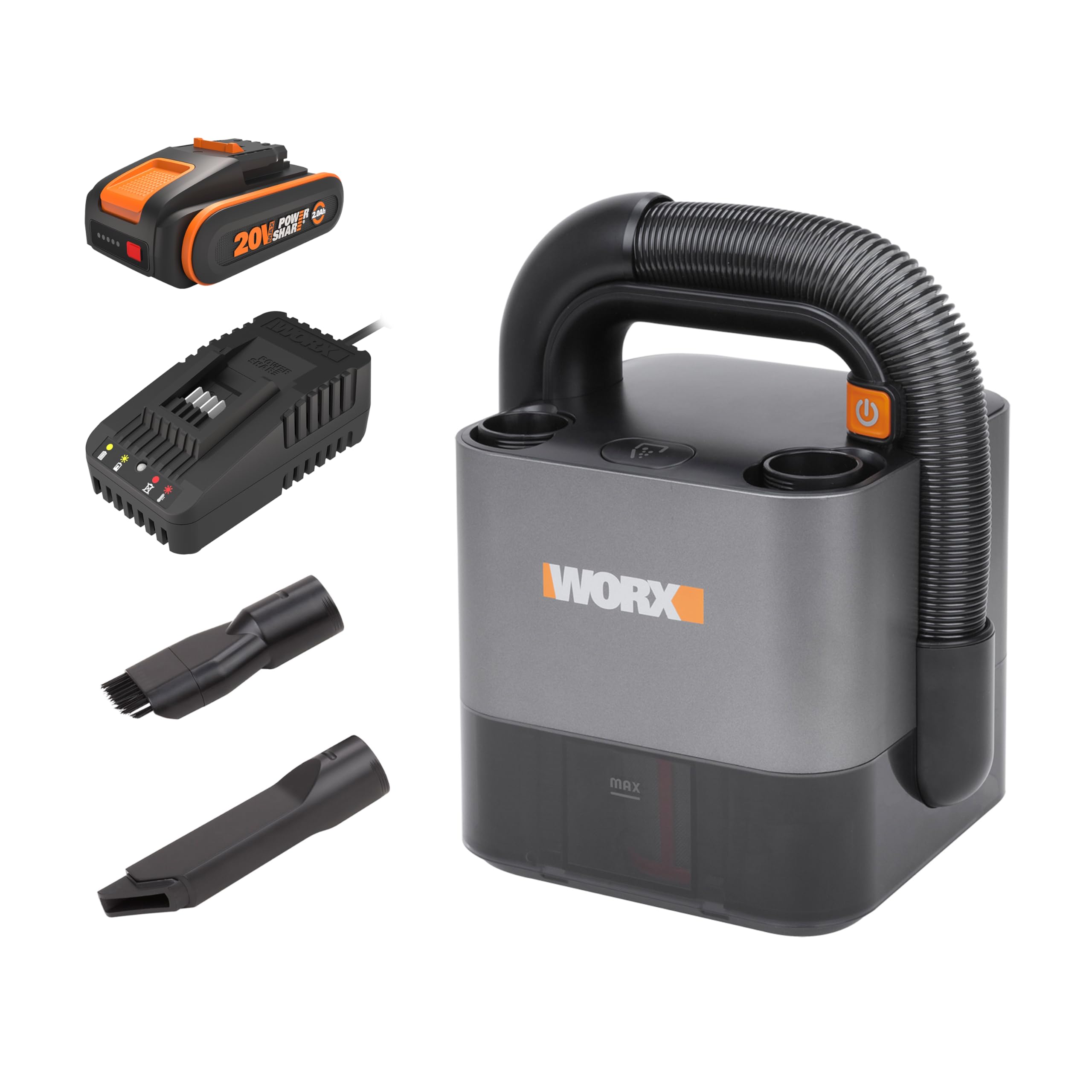 WORX WX030 Aspirador Portátil 20V 2Ah, Coche y Hogar | Succión 10,3 kPa, 25min autonomía, manguera flexible, filtro lavable, boquilla y cepillo incluidos, PowerShare 20V