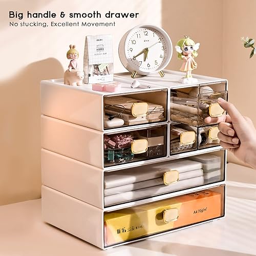 Miniatura 4 de Paquete de 2 organizadores de escritorio apilables, cajones de almacenamiento apilables, organizador de escritorio pequeño con cajón, organizador de