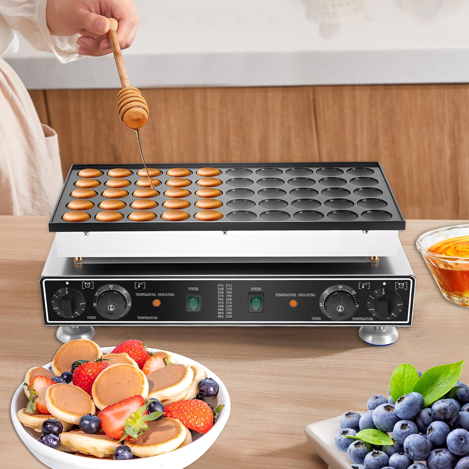 50 LöCher Poffertjes Maker, Kommerzielle Edelstahl-Waffeleisen, 50°C - 300°C Temperaturregelung, 0-5 Minuten Zeiteinstellung für den gewerblichen Heimgebrauch