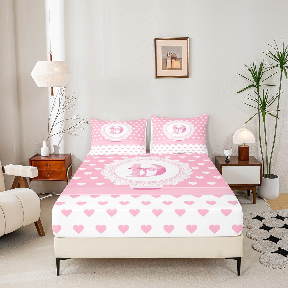 Personalized Initial D Fitted Sheet Queen Cute Letter Love Heart Bed Sheets Pink Bow Crown Monogram Bedding Set for Kids Girls,Girly Princess Theme Bed Cover 3 Pcs