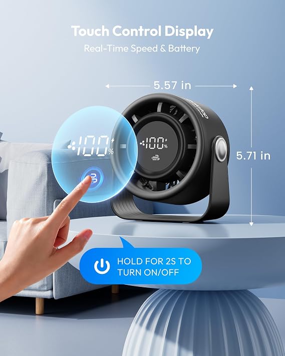 Gaiatop Small Desk Fan Rechargeable, Quiet Personal Table Fan, Touch Control Display, 360 Tilt, 5-Speed Strong Wind, 4000mAh Battery, Small Fans for Bedroom Dorm Office, Gifts for Women Men, Black