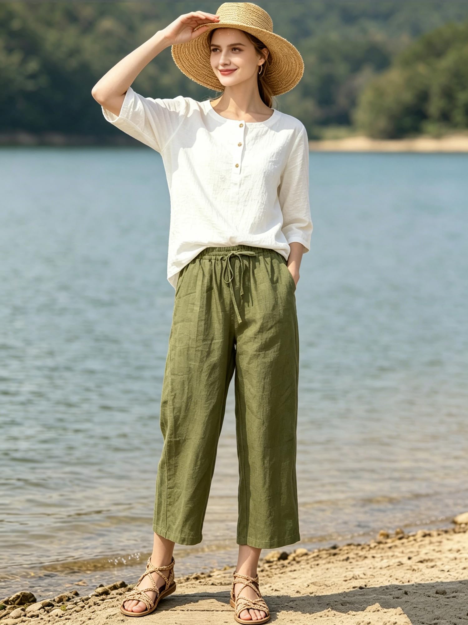 FTCayanz Pantalon Femme Lin Jambe Large Casual Léger Pantalon Palazzo avec Cordon de Serrage