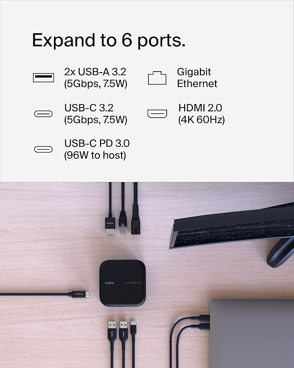 Belkin Connect USB-C 6-in-1 Core GaN Dock 130W, Multiport Docking Station w/ 96W PD to Peripherals, USB-C, USB-A, Gigabit Ethernet, & HDMI 4K Ports for Gaming, MacBook Pro, PC Laptops, & Chromebook by Belkin - Image 2