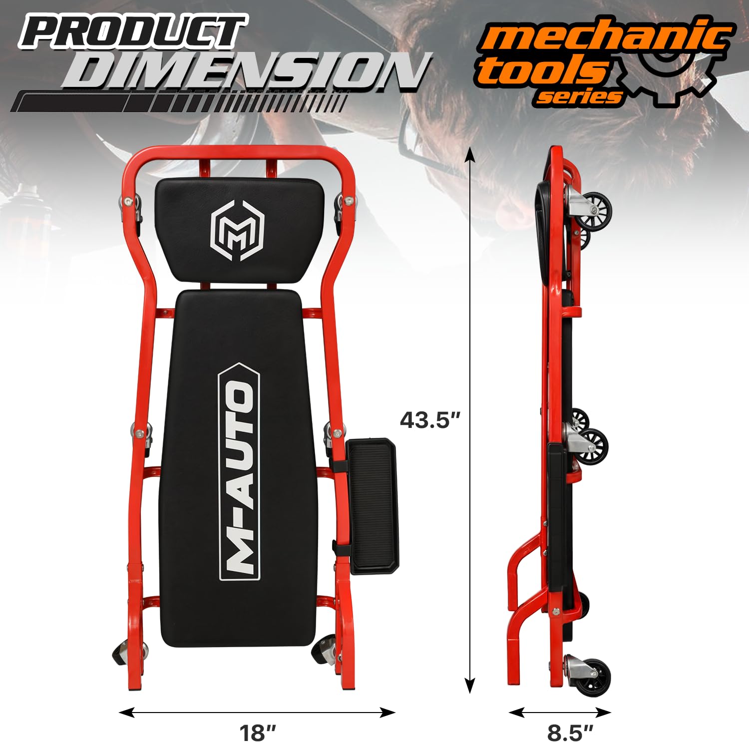 M-AUTO Wytrzymałe pnącze samochodowe z 3-stopniowym regulowanym zagłówkiem, wyściełana metalowa rama 108 cm z tacą na narzędzia do garażu, 6 bezgłośnych kółek, nośność 136 kg, czerwony